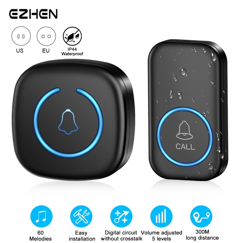 Smart Home Europe - ワイヤレスドアベル インテリジェントウェルカムドアベル 300M/984フィートリモート 60曲メロディー ホームスマートドアベル 米国/EU/英国プラグオプション付き