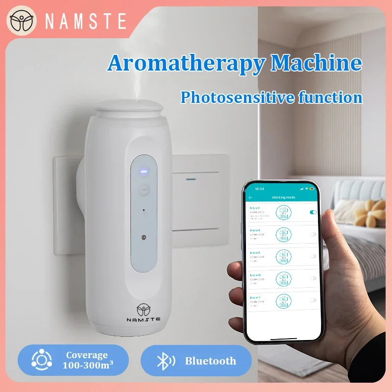 Smart Humidifier - Namste-ポータブルスマートディフューザー、Bluetoothソケットスタイル、自動ナイトライト、アロマオイル、エッセンシャルオイル、オフィス、家庭、芳香剤、300m ³