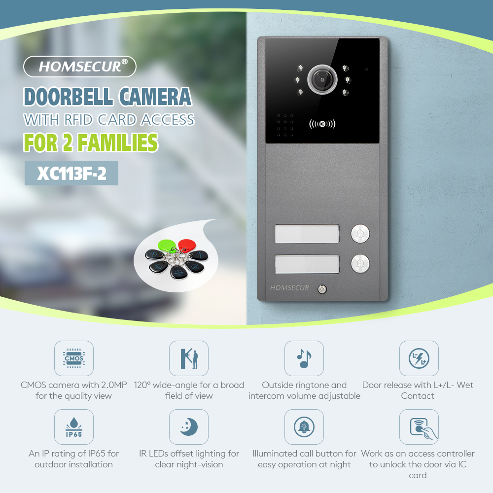 Video Doorbell - 4線式XC113F-2 HD屋外ドアベルカメラIP65+5個IC 13.56Mhzキーフォブ付きビデオドアホン通話インターホンセキュリティ2世帯用
