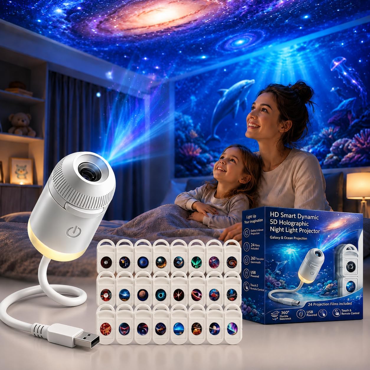 Smart Home Ac - HDスマートダイナミック5Dホログラフィックナイトライトプロジェクター、2-in-1ギャラクシースターとオーシャンプロジェクター（3/6/12/24枚のフィルム付き）ホームデコレーション用