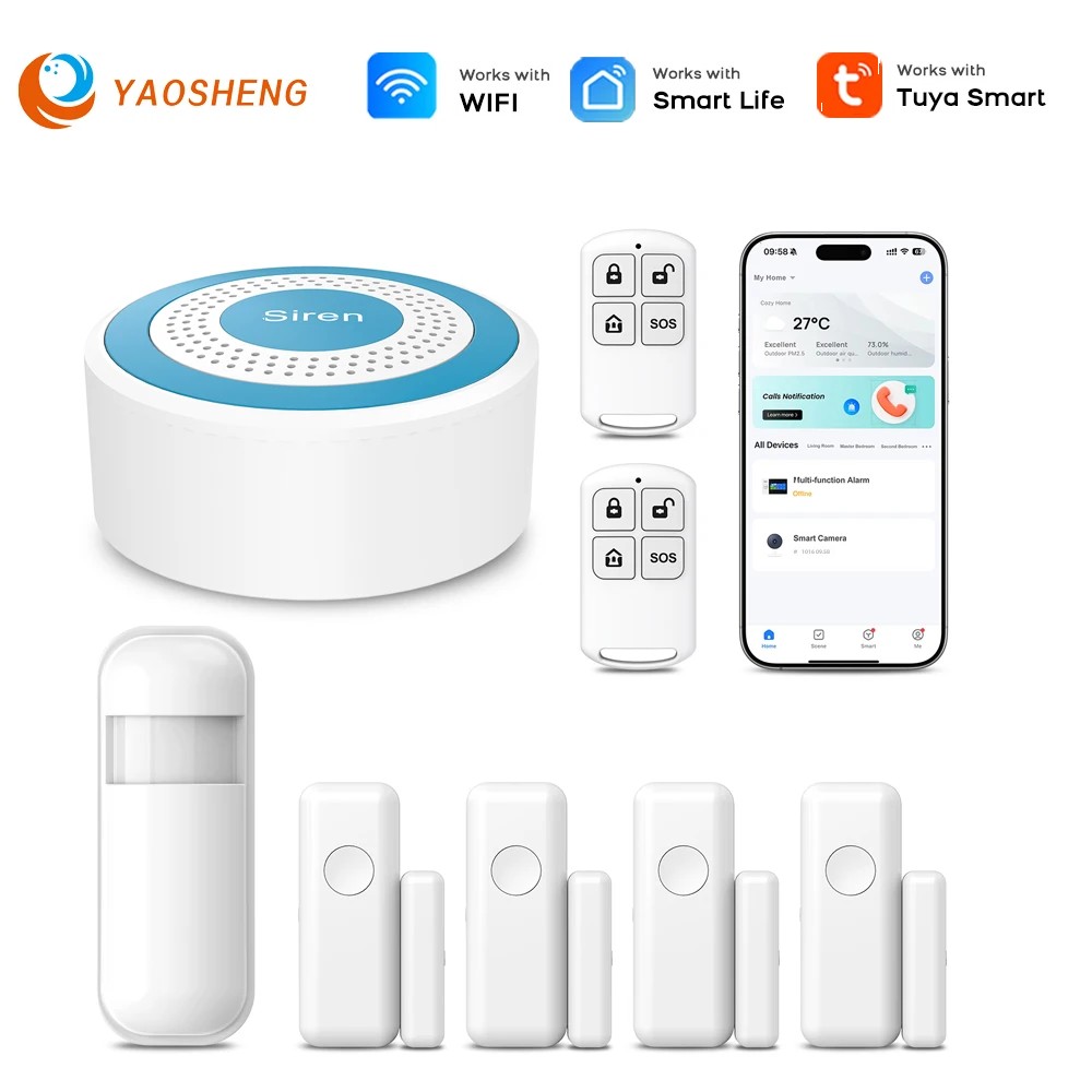Smart Home Demo Kit - Tuya スマートライフアプリ WiFi スマートホーム警報システムキットワイヤレス 433MHz ドアセンサーサイレンガレージオフィスセキュリティ保護用