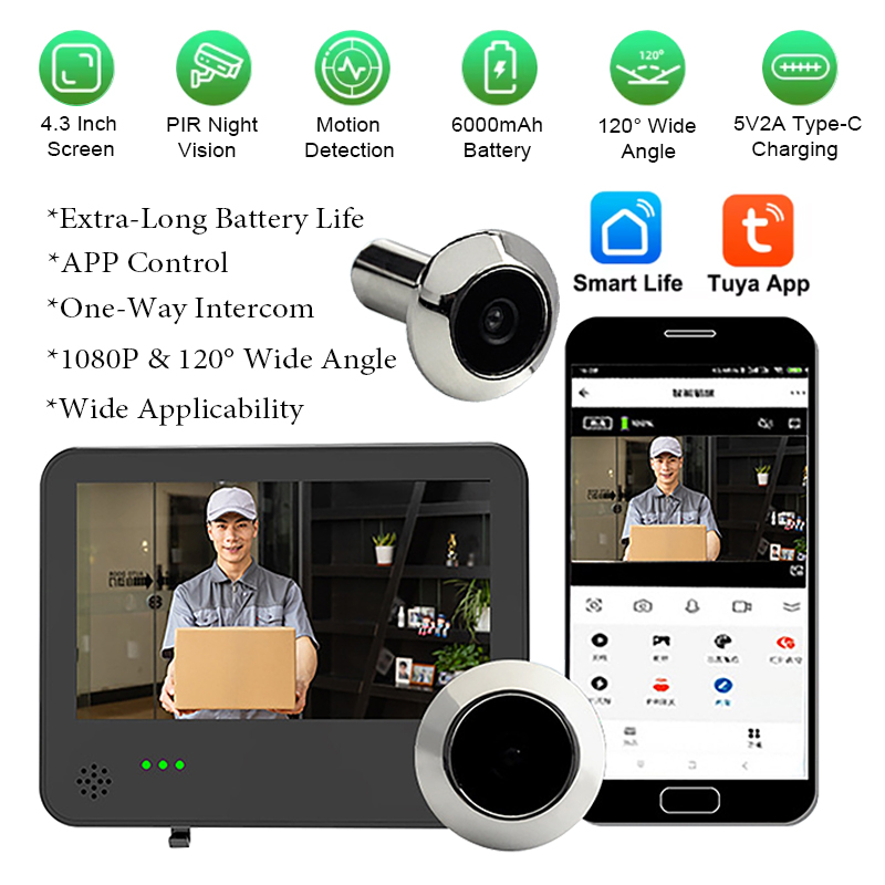 Video Doorbell - Tuya スマートWIFIビデオドアベルカメラ 4.3インチスクリーン 120 ° 広角監視
