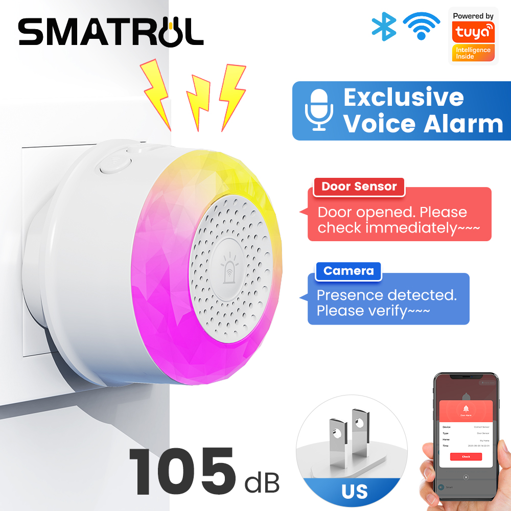 Smart Home Europe - SMATRUL Tuya WiFi サウンド＆ライトアラームセンサー、EU/US/UKプラグ付き、スマートライフアプリ制御対応、ドア/窓センサー、カメラ、土壌センサー